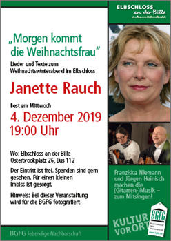 2019 BGFG-Veranstaltung / Winterlesung / Lieder und Texte zum Weihnachtswinterabend im Elbschloss an der Bille / Osterbrookviertel / Hamburg Hamm / mit Janette Rauch